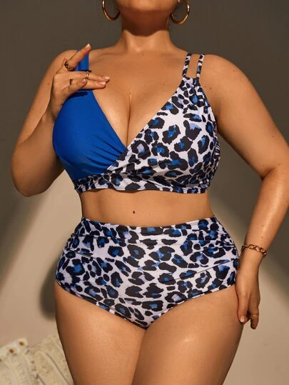 Blue and White Leopard Print Plus Size 2 Piece